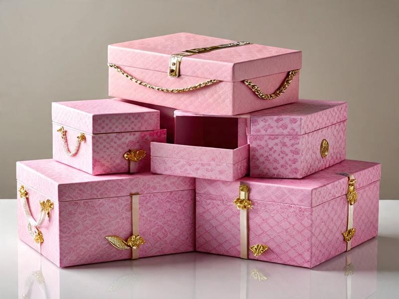 An image of pink subscription boxes in different sizes, with gold handles and clasps, neatly arranged on a table.