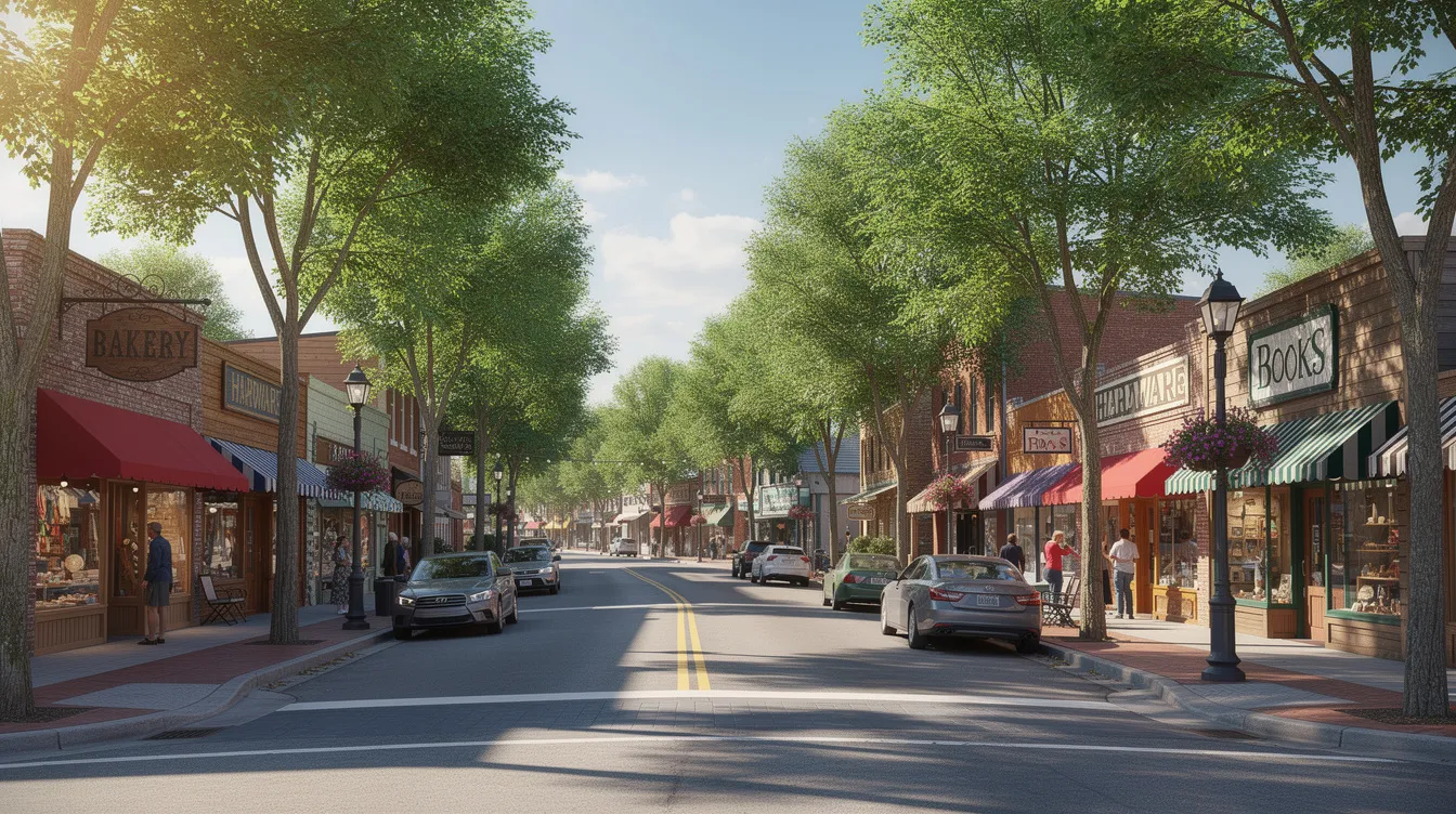 The image depicts a charming small-town commercial district featuring a variety of local businesses along a tree-lined street, highlighting the vibrant atmosphere of community commerce. This setting reflects the importance of business transactions and legal compliance for local entrepreneurs and business leaders.