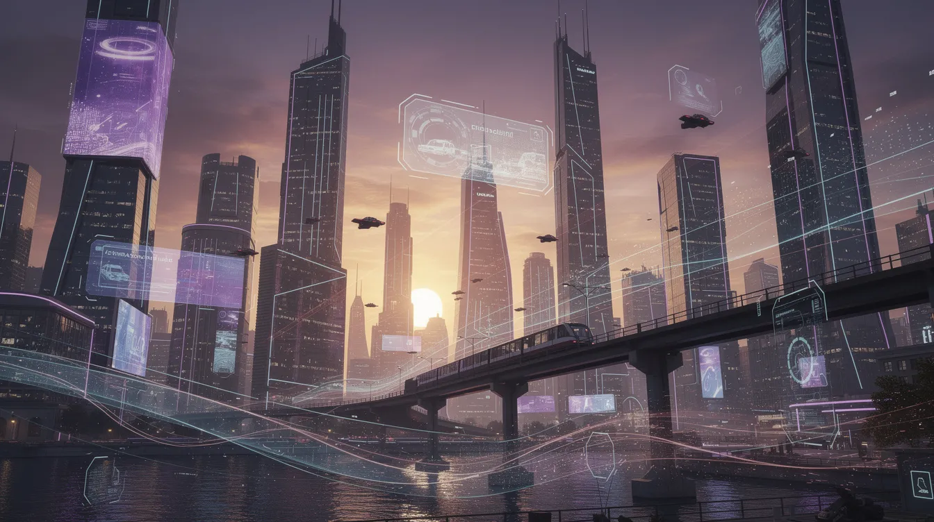The image depicts a futuristic city skyline at dusk, illuminated by vibrant lights, with digital data streams overlaid, symbolizing advanced technology. This visual representation suggests the integration of anti money laundering (AML) solutions and compliance management, highlighting the importance of transaction monitoring and risk assessment in financial institutions.