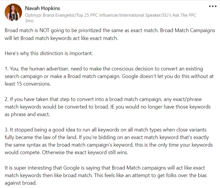 navah hopkins linkedin post on Google treating broad keywords as exact match type.