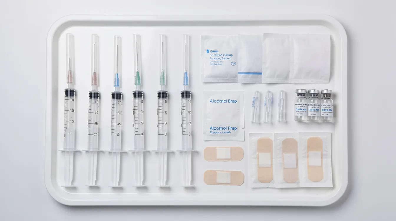 An array of medical syringes and sterile supplies is neatly arranged on a clean white medical tray, ready for cosmetic treatments such as jawline filler injections. This setup includes essential items for enhancing facial contours and achieving a well-defined jawline while ensuring safety and precision during the injection process.