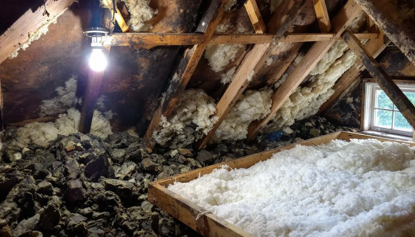 The image displays a side-by-side comparison of an attic before and after the removal and replacement of contaminated insulation, highlighting the presence of rodent droppings and urine stains in the "before" section, while the "after" section shows clean, new insulation in a disinfected environment, emphasizing the importance of thorough pest waste cleanup to prevent health risks associated with major pest infestations.