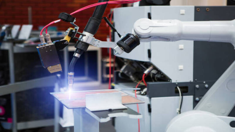 A handheld fiber laser machine welding metal pieces.