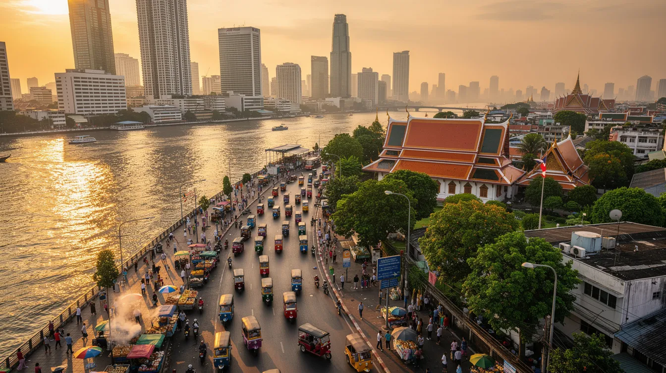 A imagem mostra uma vibrante cena de Bangkok, Tailândia, com arranha-céus modernos e templos tradicionais ao fundo, refletindo a rica cultura e diversidade da cidade. Pessoas caminham pelas ruas, enquanto barracas de comida oferecem pratos típicos, destacando a mistura de modernidade e tradição que caracteriza esta parte do mundo.