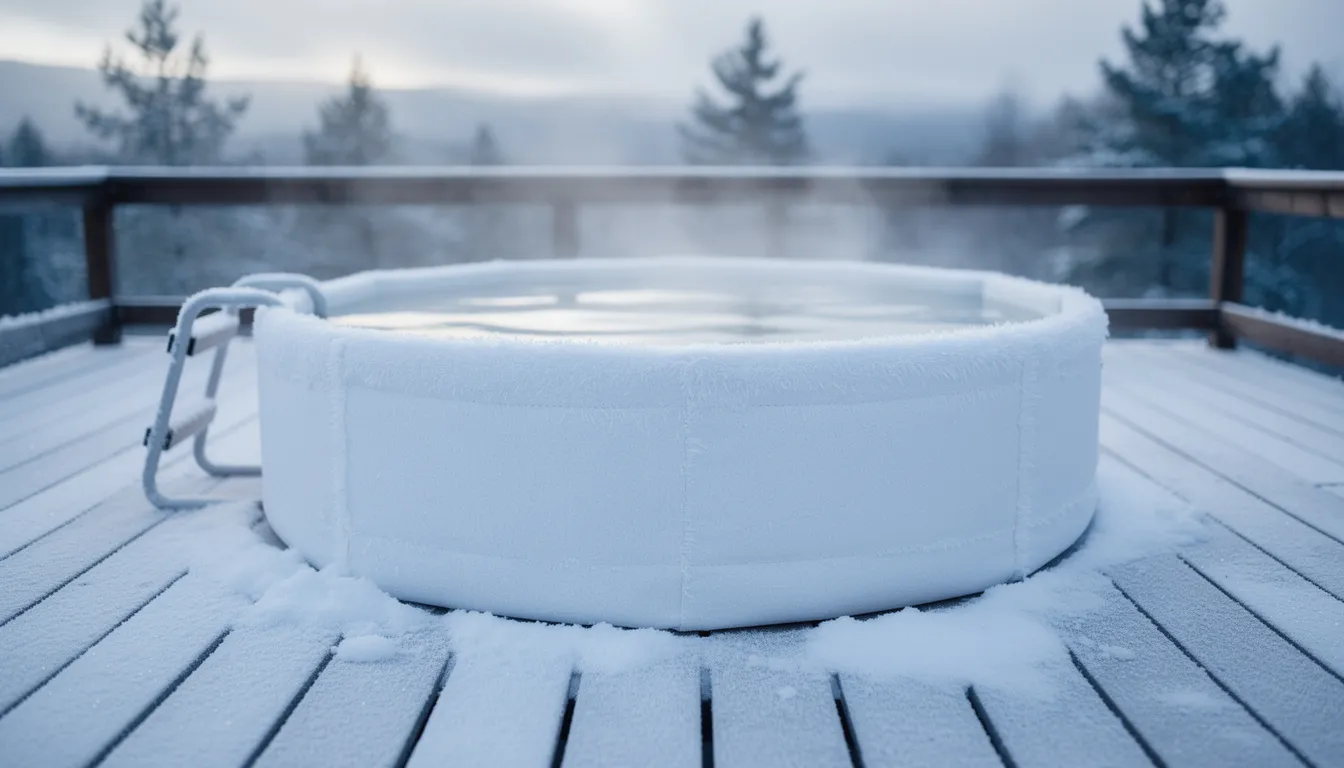 The image depicts a frost-covered outdoor cold plunge tub, wrapped in foam insulation, sitting on a snowy wooden deck. This setup illustrates a DIY cold plunge solution designed to maintain colder water temperatures in winter while protecting against freezing conditions.
