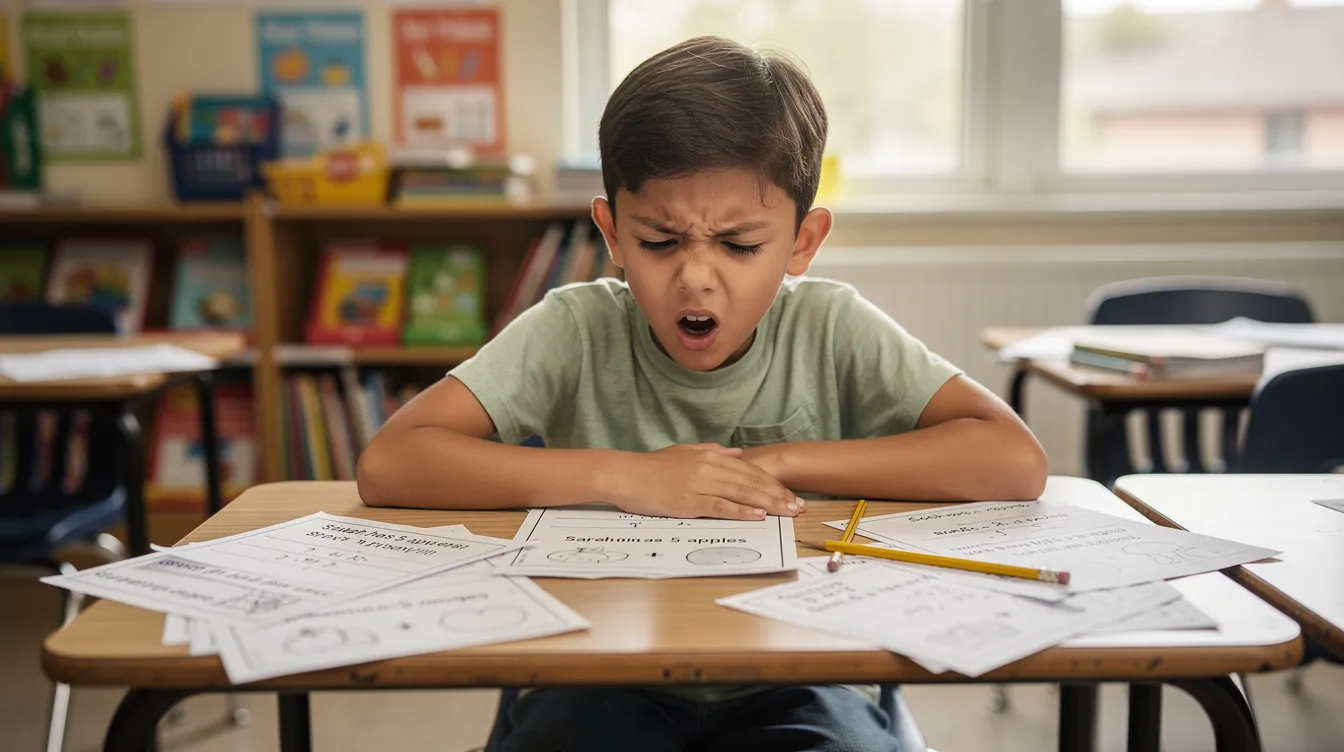 A child sits at a desk, looking confused while staring at a worksheet filled with math word problems, highlighting the challenges of concrete thinking in early childhood education. The child's expression reflects difficulty in interpreting the abstract concepts presented, emphasizing the importance of problem-solving skills and flexible learning strategies in a classroom setting.