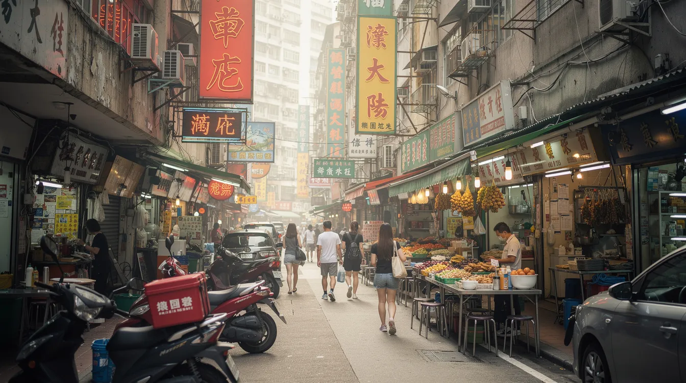 The image depicts a bustling commercial street in Hong Kong, filled with small shops and restaurants under bright daylight, showcasing the vibrant atmosphere of the city. This scene reflects the dynamic environment where 中小企業 thrive, often seeking 中小企貸款 and other financing options to support their businesses.