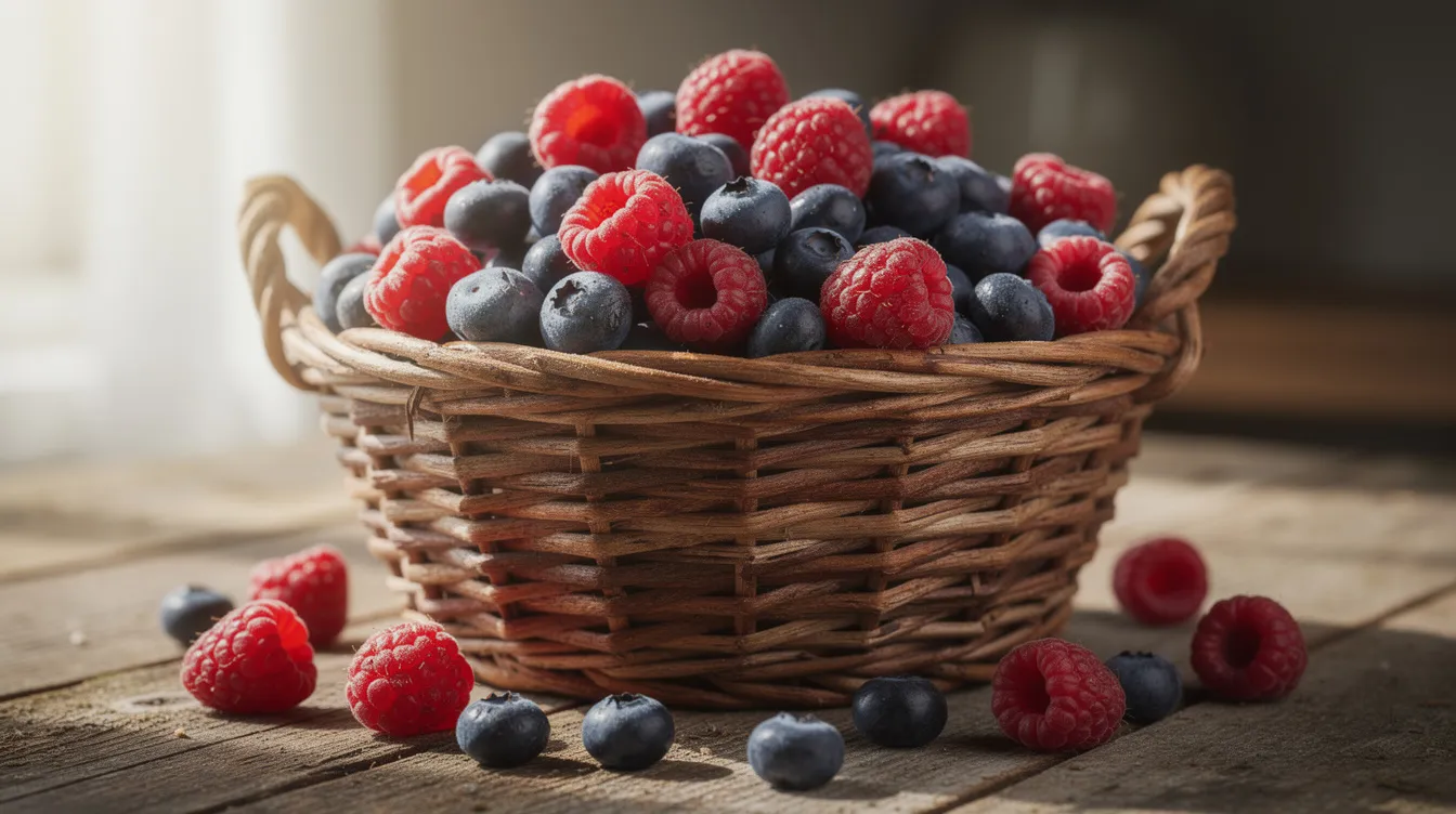 A woven basket brimming with freshly harvested mixed berries, including vibrant blueberries and a mix of red and yellow raspberries, showcases the sweet fruit of the growing season. The basket's contents highlight the abundance of ripe fruit, perfect for enjoying or using in delicious recipes.