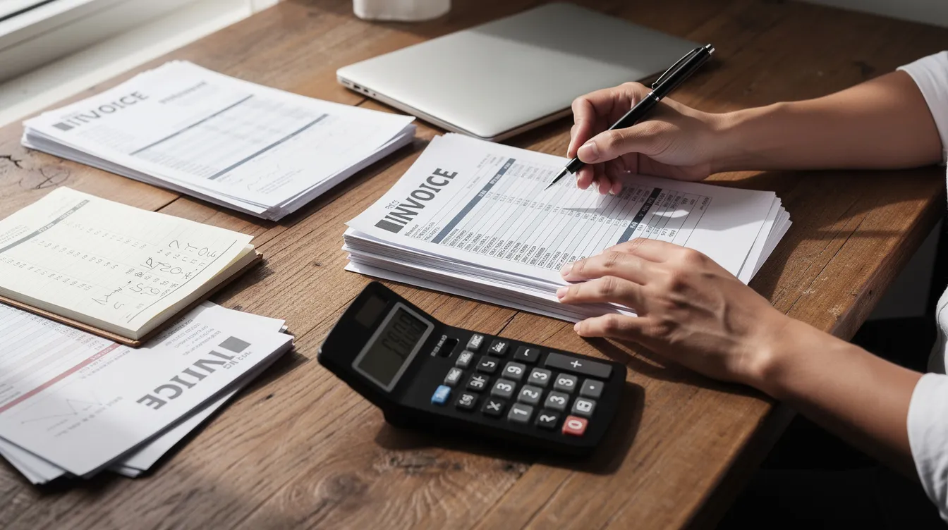 The image shows a person sitting at a wooden desk, carefully reviewing financial documents while using a calculator. This scene reflects the process of assessing loan applications, such as a mudra loan, and emphasizes the importance of financial stability and repayment capacity for borrowers.