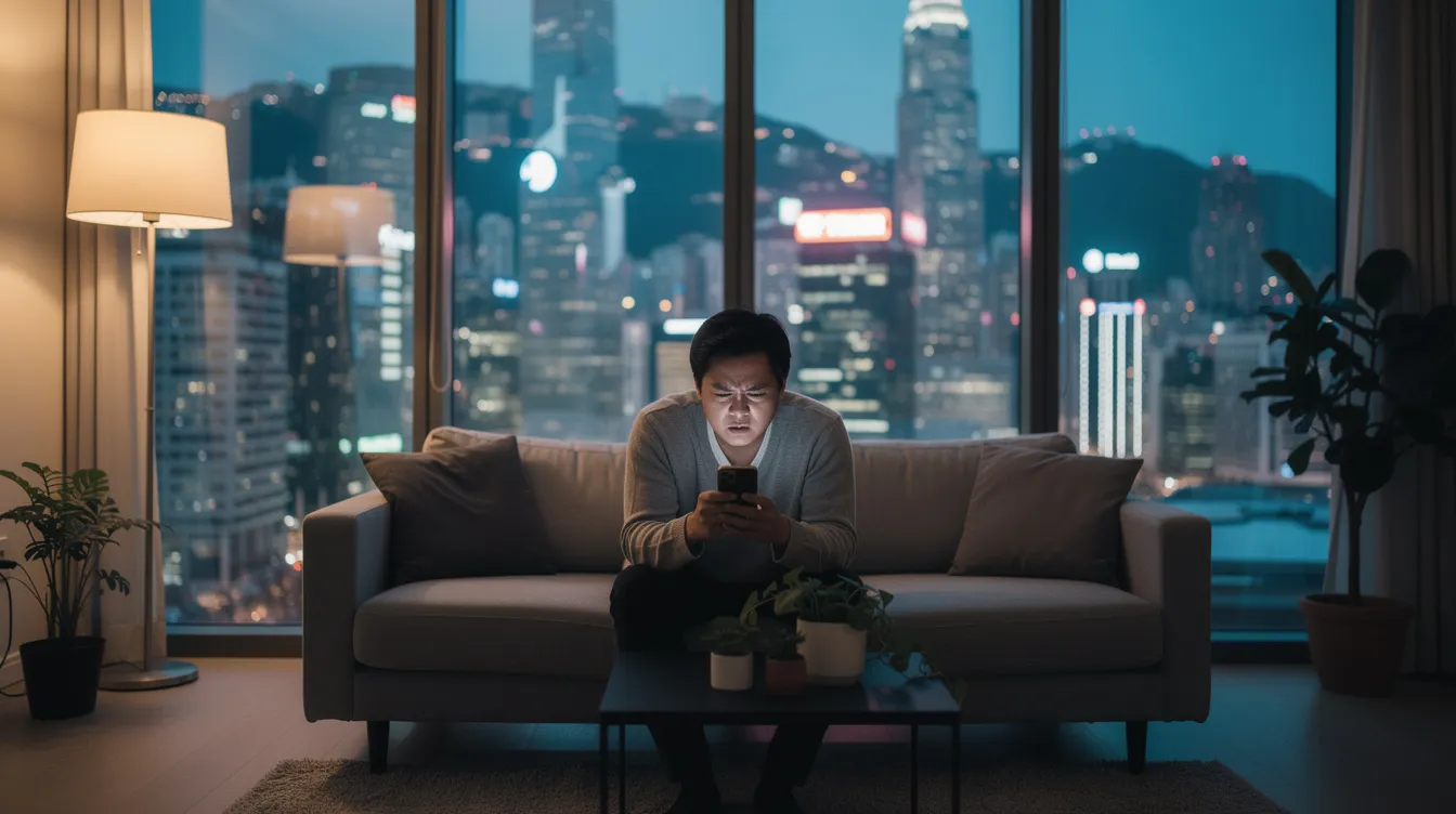 A person in a modern Hong Kong apartment looks at their smartphone with a concerned expression, possibly worried about receiving a suspicious message or being targeted by scammers. The scene reflects the importance of防 騙 measures and being cautious with個人 資料 to avoid financial loss.