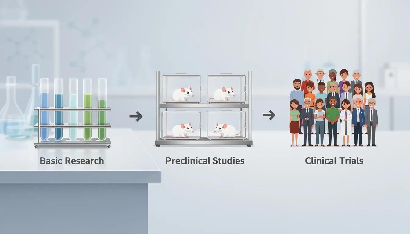 The image depicts a research progression with test tubes, laboratory mice, and groups of people, illustrating the journey from basic research to human clinical trials. It highlights the emerging research on nicotinamide mononucleotide (NMN) and nicotinamide riboside (NR), both forms of vitamin B3, and their potential benefits for metabolic and cardiovascular health, including cellular energy and healthy aging.