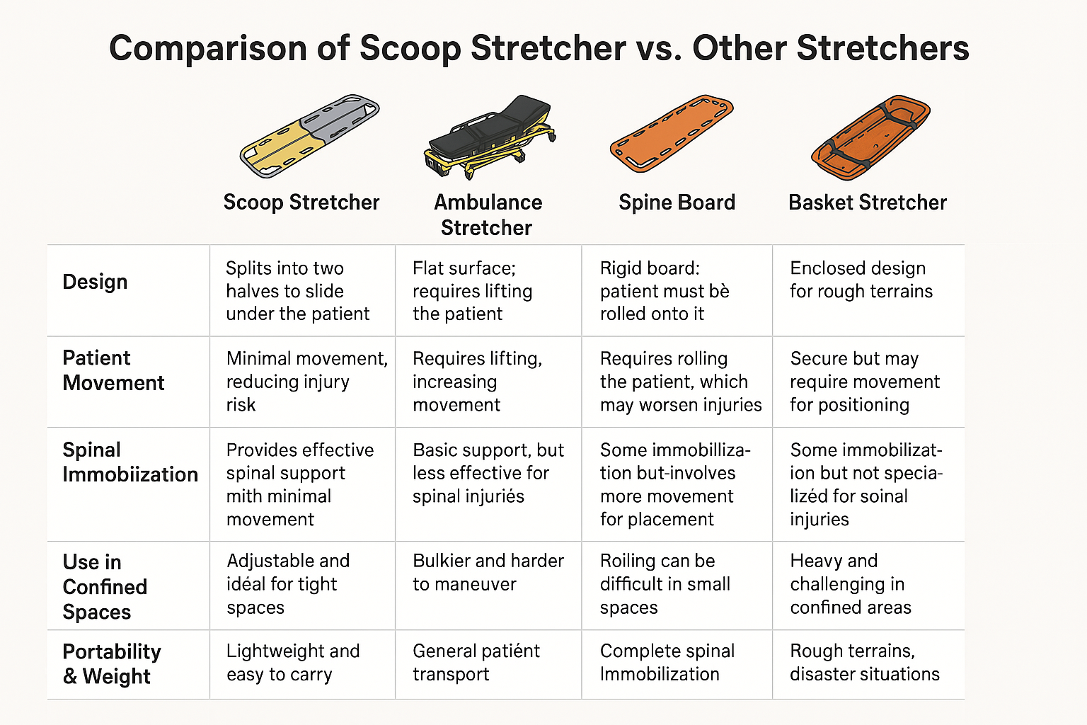 Comparison of scoop stretchers with other types of stretchers.