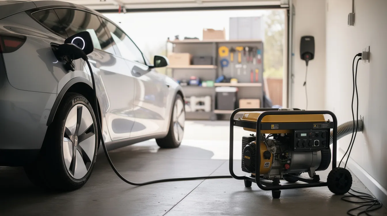 W garażu znajduje się agregat prądotwórczy obok samochodu elektrycznego, co sugeruje zastosowanie nowoczesnych technologii do zapewnienia niezawodnego zasilania. Widoczne są także elementy, które mogą wspierać efektywne wykorzystanie energii słonecznej, co przyczynia się do pełnej niezależności energetycznej. Szczególnie ważne produkty, urządzenia, odporność wytwarzanie wodę
