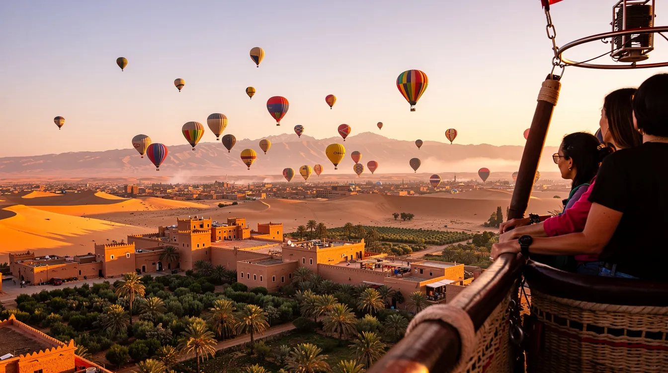 Um casal desfruta de um emocionante voo de balão sobre as deslumbrantes paisagens de Marrakech, com o sol iluminando as montanhas ao fundo. A cena captura a sensação de liberdade e aventura enquanto os balões flutuam suavemente nos ventos da região.
