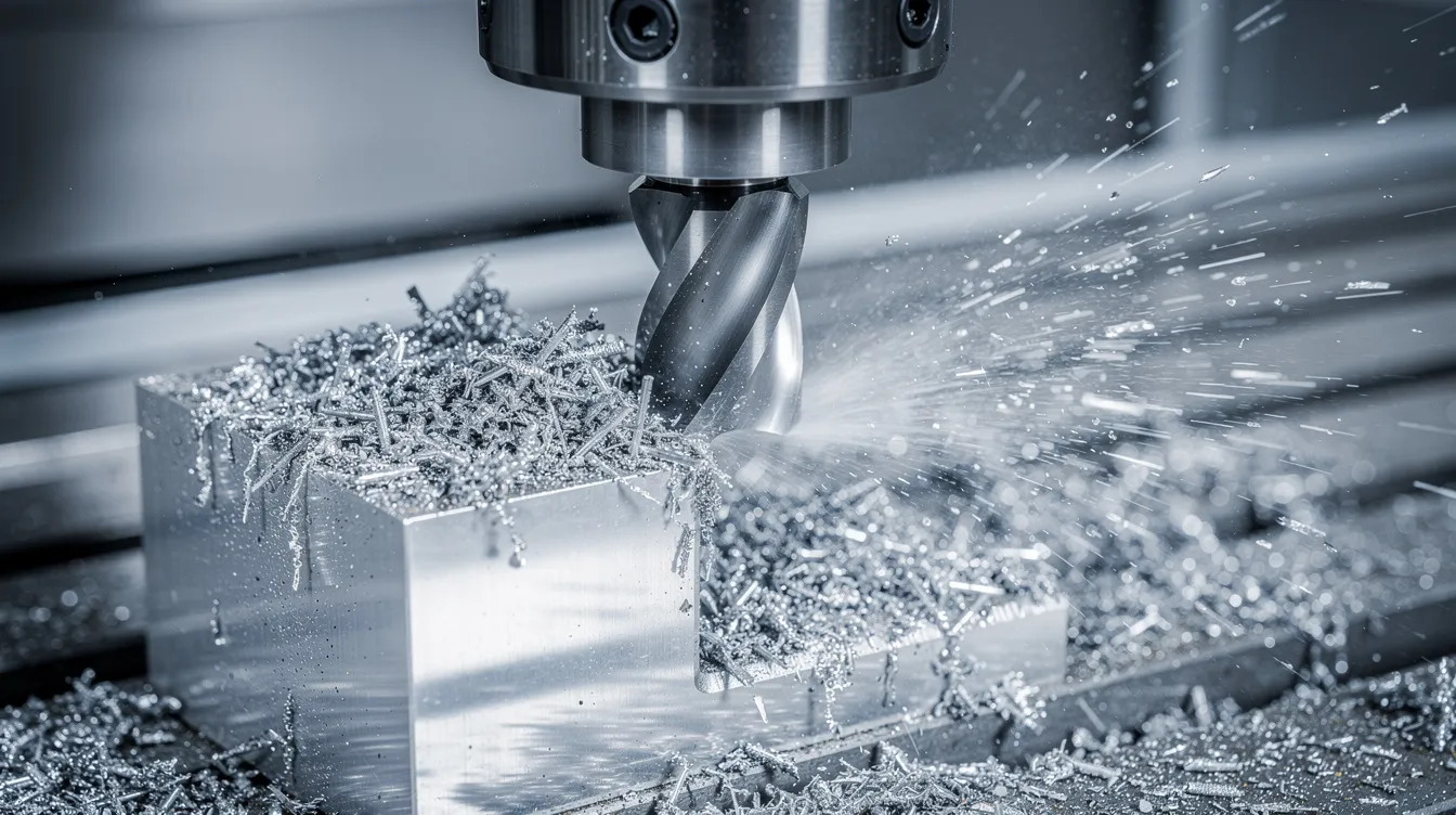A close-up view of a CNC milling machine in action, precisely cutting an aluminum block while coolant spray is visible, highlighting the machining process involved in creating high precision components. This image emphasizes the importance of material selection and the use of aluminum alloys in CNC machining for various industrial applications.