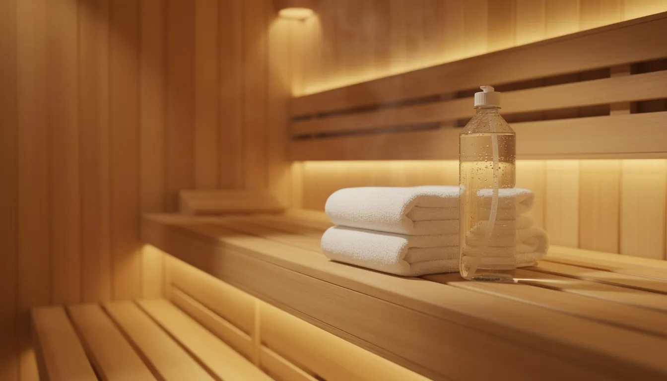 The image depicts a serene wooden sauna interior featuring clean benches, neatly arranged soft towels, and a glass water bottle, creating a welcoming space for sauna bathing. This setup is ideal for enjoying infrared sauna sessions, which can provide various health benefits such as improved circulation and stress relief.