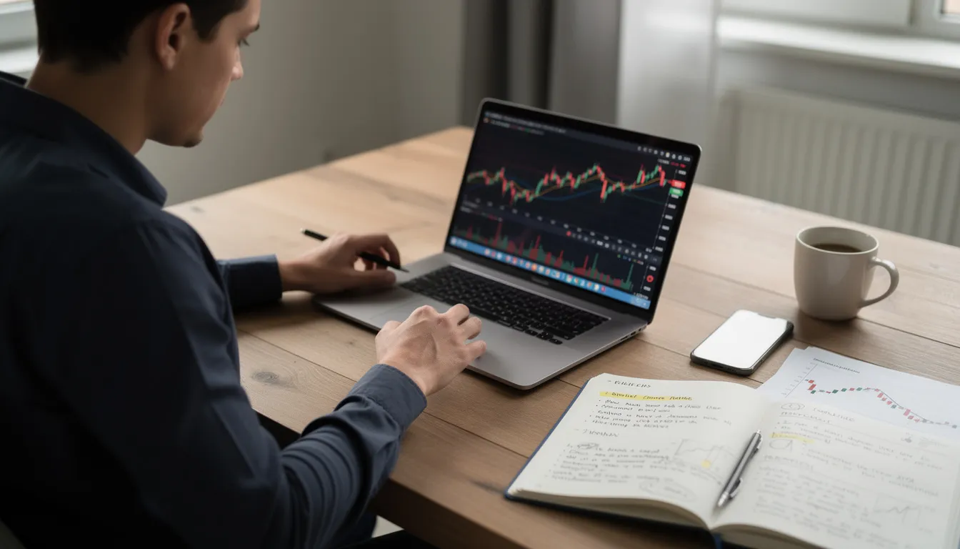 An individual is intently studying forex trading charts on a laptop, surrounded by handwritten notes that highlight key concepts in financial markets and trading strategies. This scene captures the essence of learning forex trading, emphasizing the importance of market analysis and risk management in the foreign exchange market.