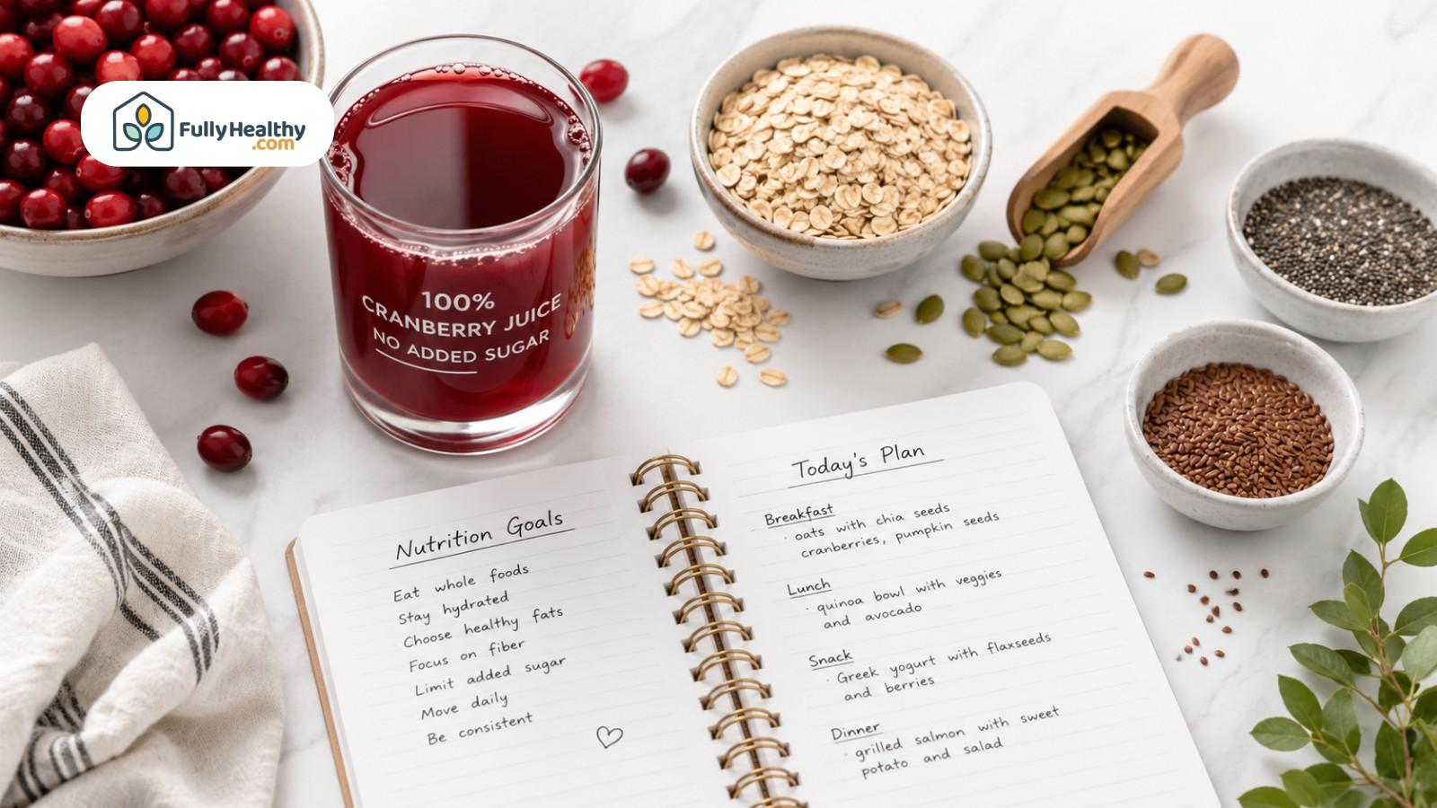 Cranberry juice with oats, seeds, cranberries, and nutrition notebook on white table