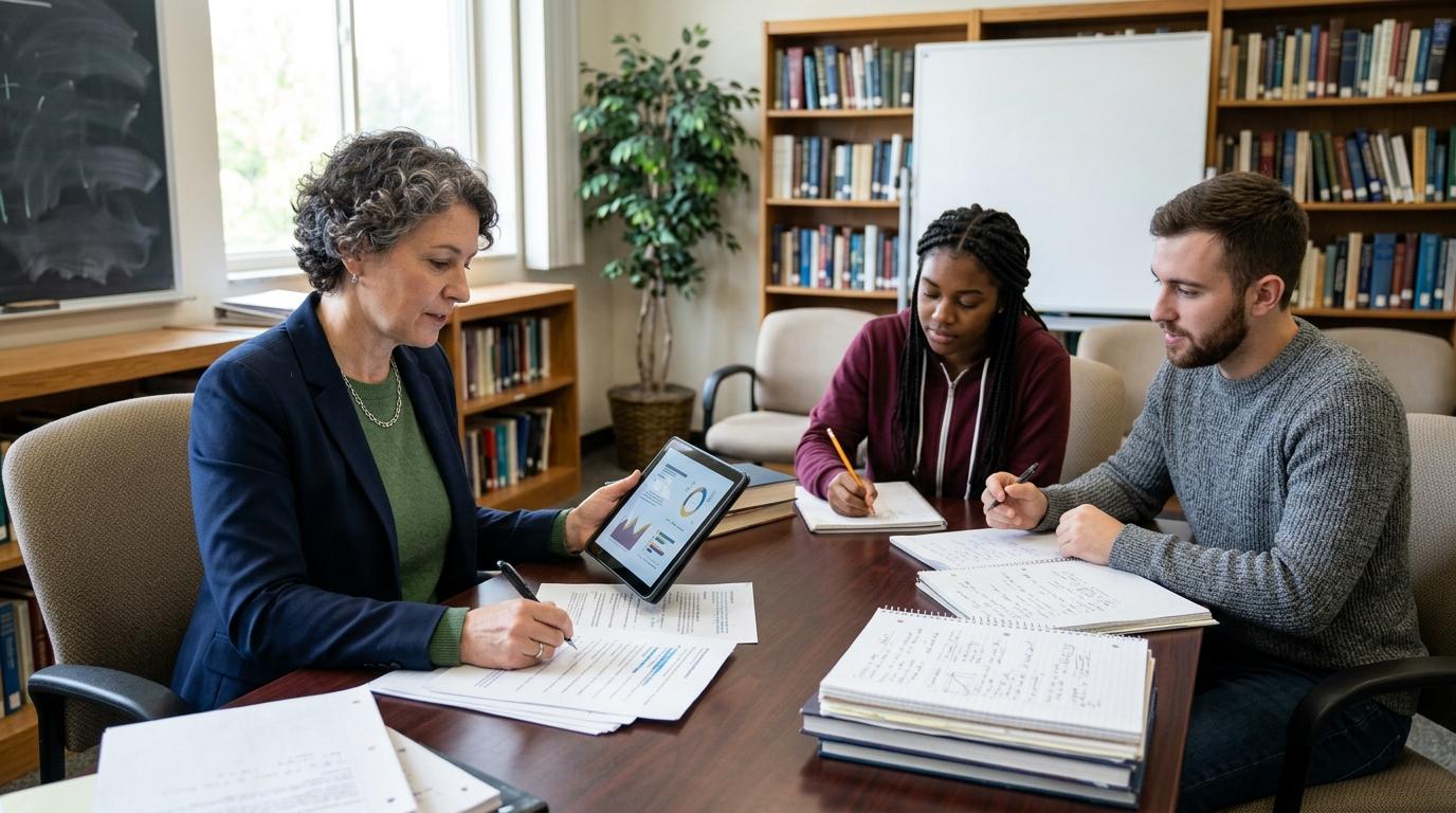 University professor evaluating student assignments with AI support while maintaining final grading authority, alongside students producing authentic written work, professional educational environment.