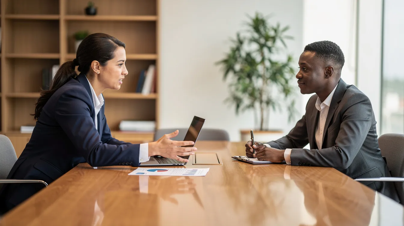 df1fc3e0 f330 4e41 afcf 819885163bf1 The image depicts a professional advisor engaged in a discussion with a small business owner at a table, likely reviewing the mudra loan application process and eligibility criteria for financial assistance. The setting suggests a bank or financial institution, emphasizing the importance of a satisfactory credit track record and repayment capacity for securing loans for income-generating micro enterprises.