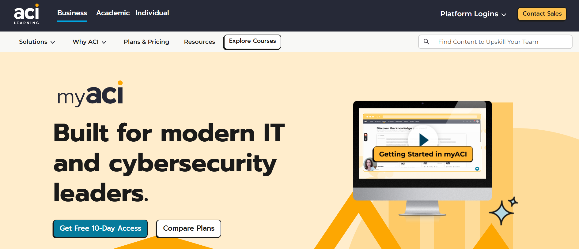 ACI Learning homepage featuring IT and cybersecurity training courses, hands-on labs, and certification-focused learning for technology professionals.