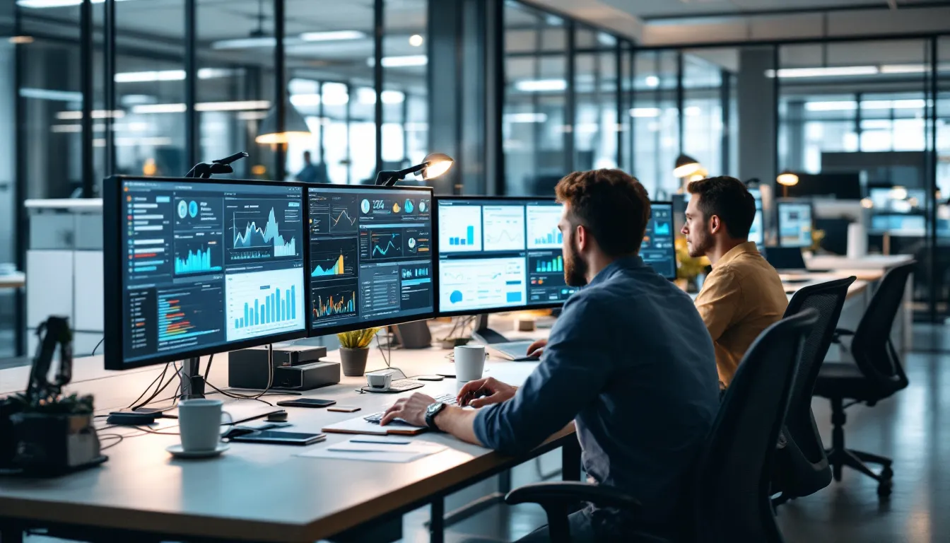 In an enterprise office environment, data analysts are focused on their work, utilizing multiple monitors that display various data dashboards. The scene emphasizes the importance of data management and integration, showcasing tools that enable real-time analytics and insights from diverse data sources.