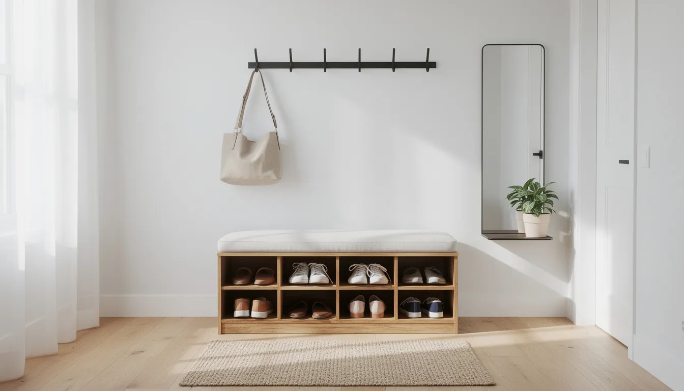 The image depicts an organised entryway featuring a hallway bench with built-in shoe storage and wall hooks above, showcasing practical, space-saving furniture that enhances functionality and keeps the area clutter-free. This multifunctional piece is ideal for busy families, maximising valuable space in small apartments.