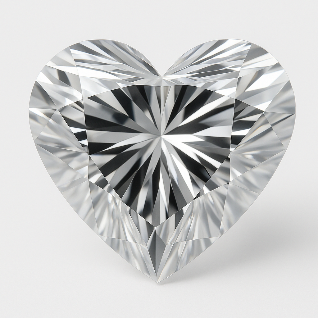 Širdelės formos deimanto makro nuotrauka ant balto fono, aiškiai matomos preciziškai išpjautos briaunos ir veidrodiniai atspindžiai, aukštas skaidrumas.