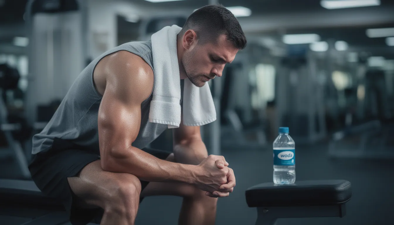 Na zdjęciu widoczny jest sportowiec w fazie regeneracji po treningu, który spokojnie oddycha, stosując techniki oddechowe, takie jak oddychanie przeponowe. Jego ciało jest zrelaksowane, a umysł uspokojony, co sprzyja regeneracji organizmu i redukcji stresu.