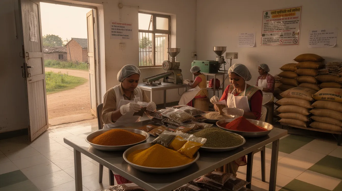 The image depicts a small food processing unit in a rural Indian setting, where workers are diligently packaging spices. This scene highlights the essence of micro enterprises and the commercial manufacturing processes involved in the food industry, reflecting the potential for projects supported by mudra loans.