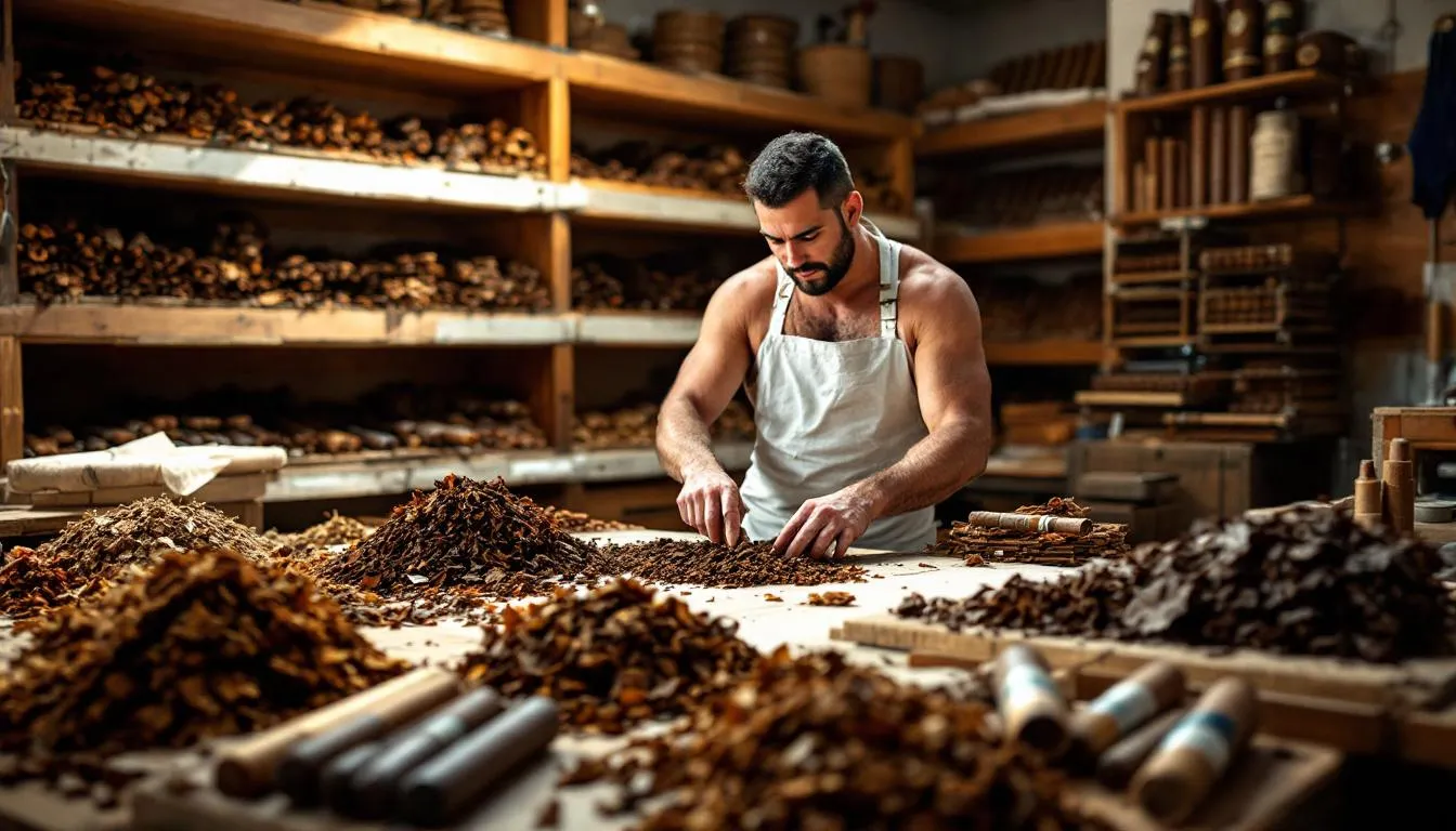 The image captures the intricate process of cigar making, showcasing the careful selection of premium tobacco used by AJ Fernandez, a renowned master blender in the cigar industry. Various tobacco leaves are displayed, representing the quality and craftsmanship behind AJ Fernandez cigars, including popular brands like San Lotano and New World.