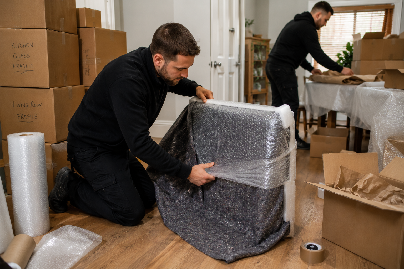 Professional movers protecting furniture and packing belongings safely before a move