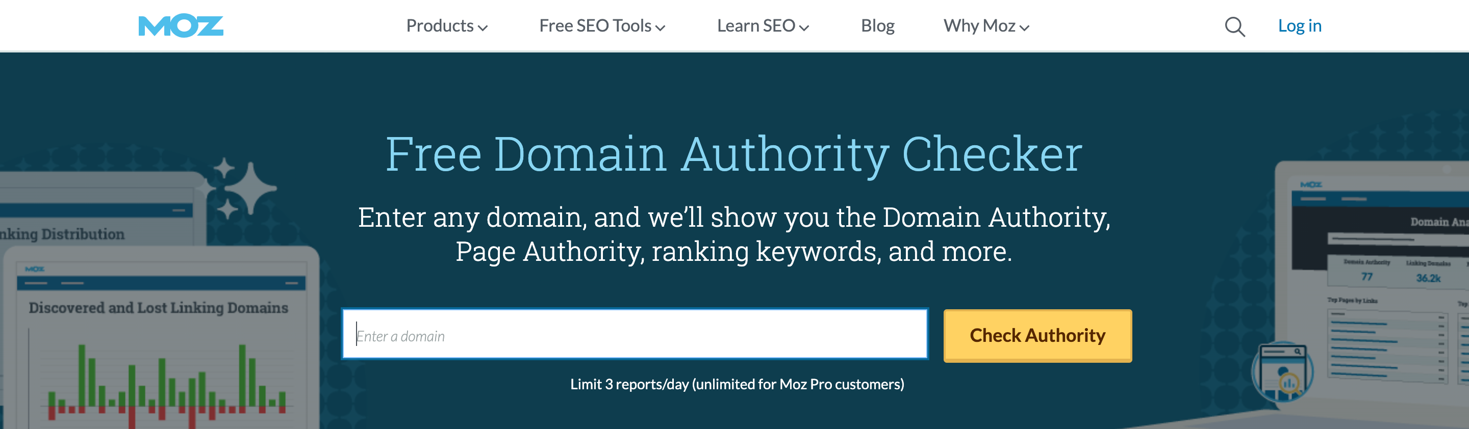 Homepage of Moz Domain authority checker