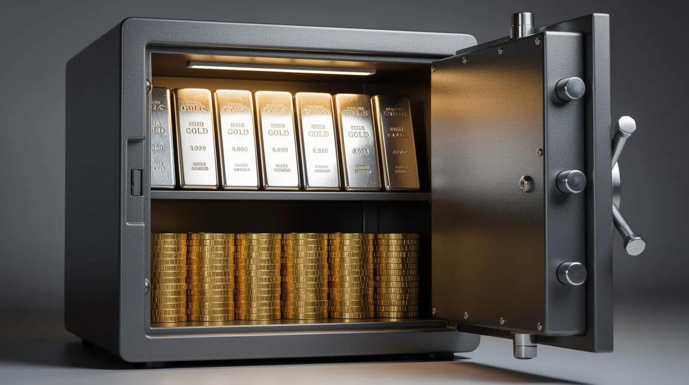 The image depicts an open high-quality metal safe filled with neatly organized gold and silver bullion, including gold bars, silver bars, and bullion coins, showcasing a secure storage for precious metals and investment-grade bullion. The arrangement highlights the value of these physical assets, ideal for private investors and collectors.