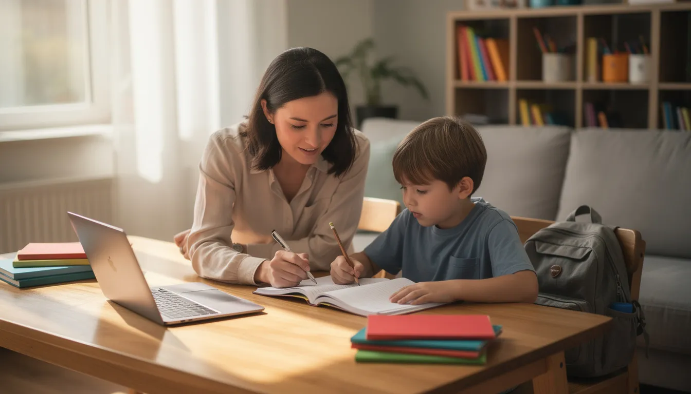 Ein Tutor sitzt an einem Tisch und erklärt einem Kind ein Thema, während sie gemeinsam an einem Laptop arbeiten. Die Szene zeigt eine unterstützende Lernumgebung, die auf die individuellen Lernstile des Schülers abgestimmt ist.