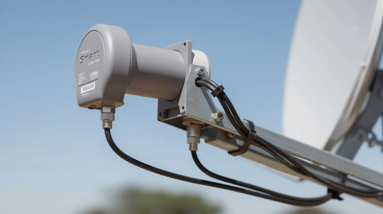 A close-up image of a Smart LNB securely attached to a DStv dish arm, showcasing neatly organized cable connections for optimal installation. This setup is essential for DStv Extra View and Explora, enhancing the viewing experience for family members with access to a variety of favourite channels and live TV options.