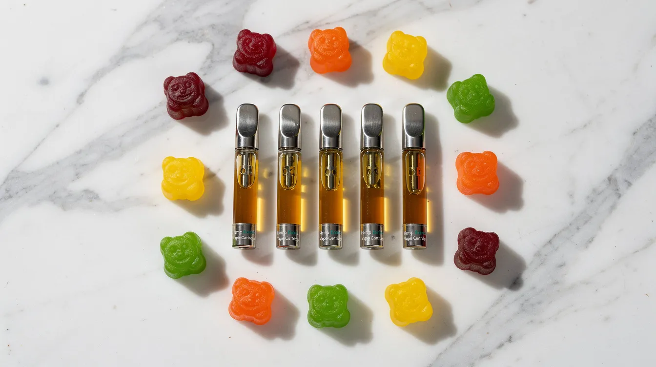 The image features several hemp-derived vape cartridges alongside colorful gummies, all neatly arranged on a clean white marble surface, showcasing a vibrant assortment that suggests a fruity and tropical flavor profile reminiscent of the tropicana cherry strain. The bright colors and organized layout emphasize the appealing and uplifting qualities of these products.