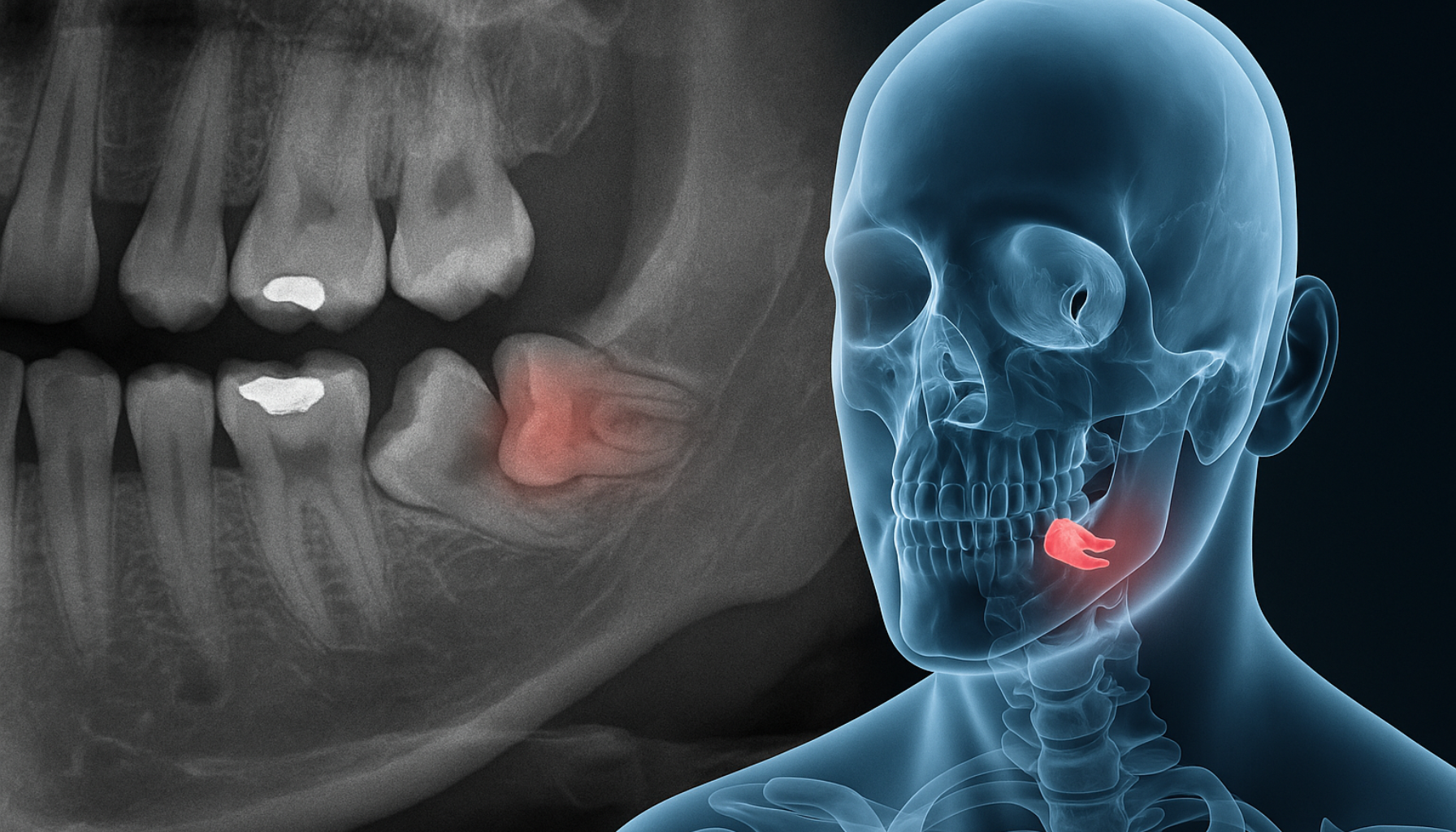 Røntgenbilde og illustrasjon viser en retinert visdomstann som ligger horisontalt og presser mot nabotann i underkjeven.