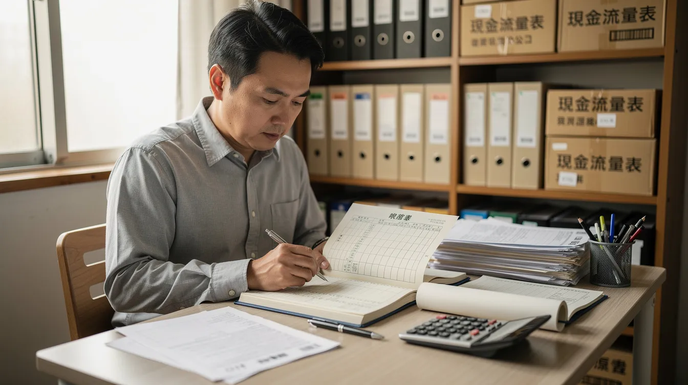The image depicts a shop owner in a small office, reviewing financial documents including ledgers and cash flow statements. The scene conveys a sense of diligence as the owner manages their finances, potentially considering options like "私人 貸款" for better cash flow management.