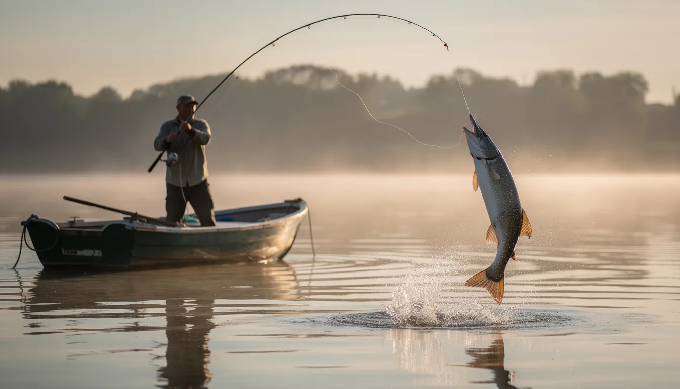 Wędkarz na pokładzie małej łodzi holuje belonę, która wyskakuje z wody, co ilustruje emocjonujący moment połowu w wodach otwartych morza bałtyckiego. Scena ta podkreśla techniki wędkarstwa morskiego oraz radość z rekreacyjnych połowów.
