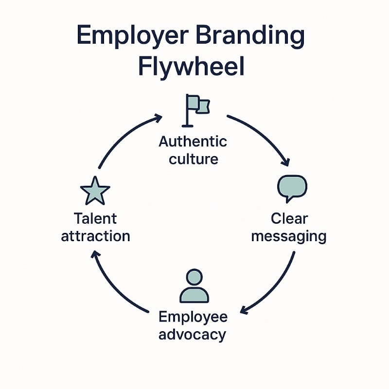 A circular infographic titled "Employer Branding Flywheel" showing a continuous loop of five stages: Authentic culture → Clear messaging → Candidate engagement → Employee advocacy → Talent attraction → (returning to) Authentic culture. Each stage is labeled with navy text and paired with a soft teal icon, forming a cycle connected by curved arrows on a clean white background. The design highlights how strong employer branding drives a self-reinforcing recruitment loop. ChatGPT fragen