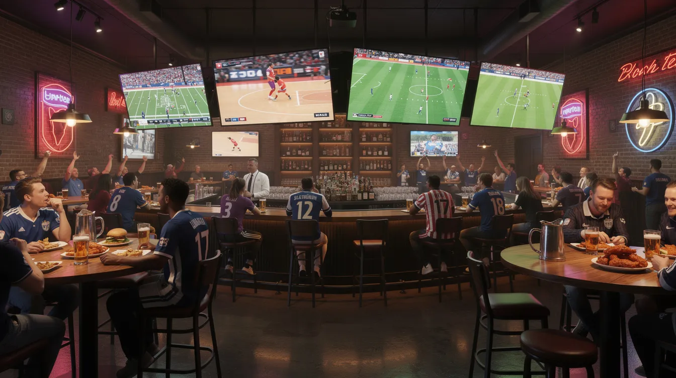 The image depicts a vibrant sports bar interior filled with patrons enjoying various sporting events, with multiple large TV screens mounted on the walls displaying different sports channels simultaneously. This lively atmosphere is perfect for sports fans looking to catch live TV and enjoy high-quality streaming of their favorite games.