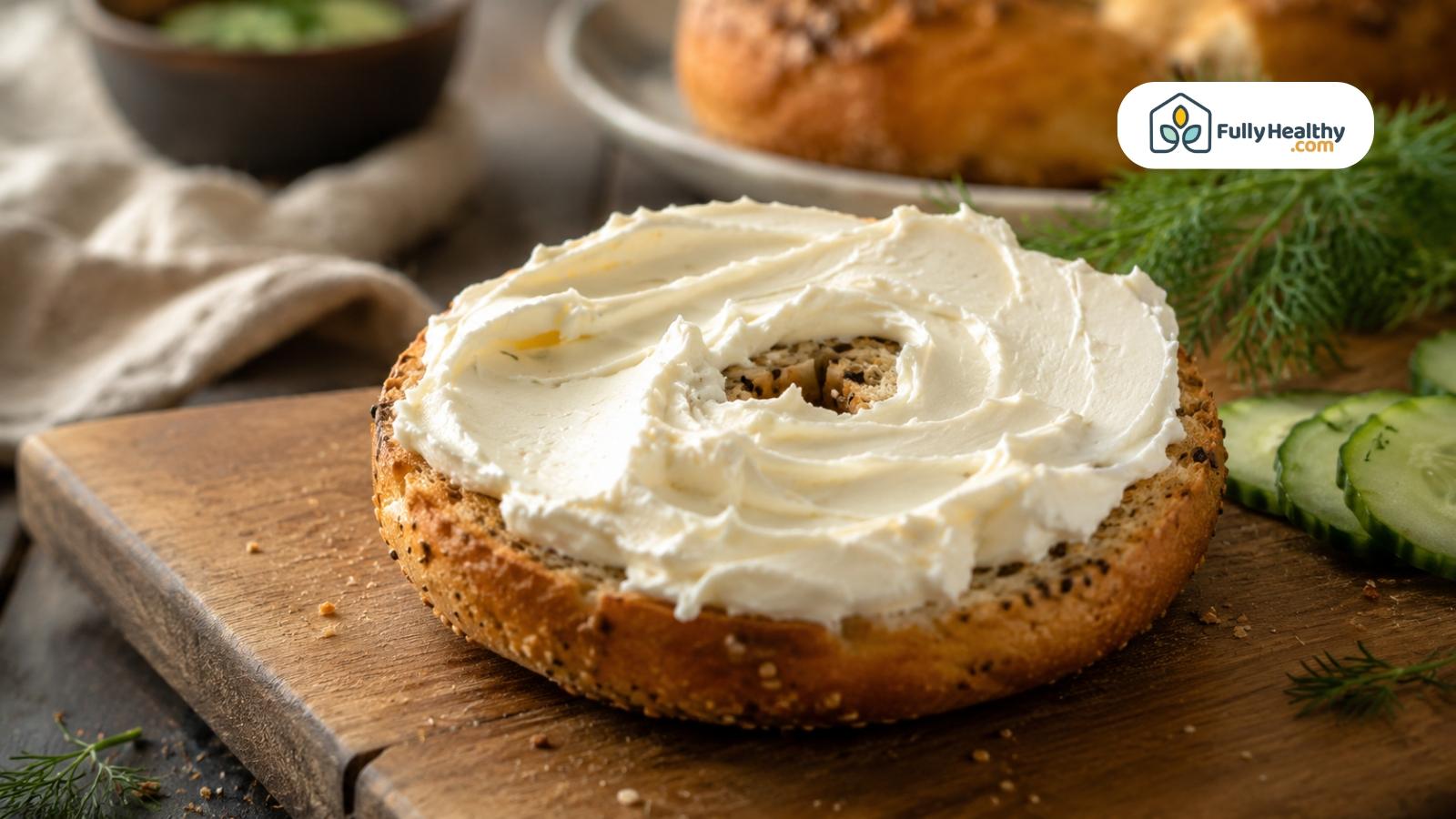 Thick cream cheese spread generously over a toasted bagel on wooden board