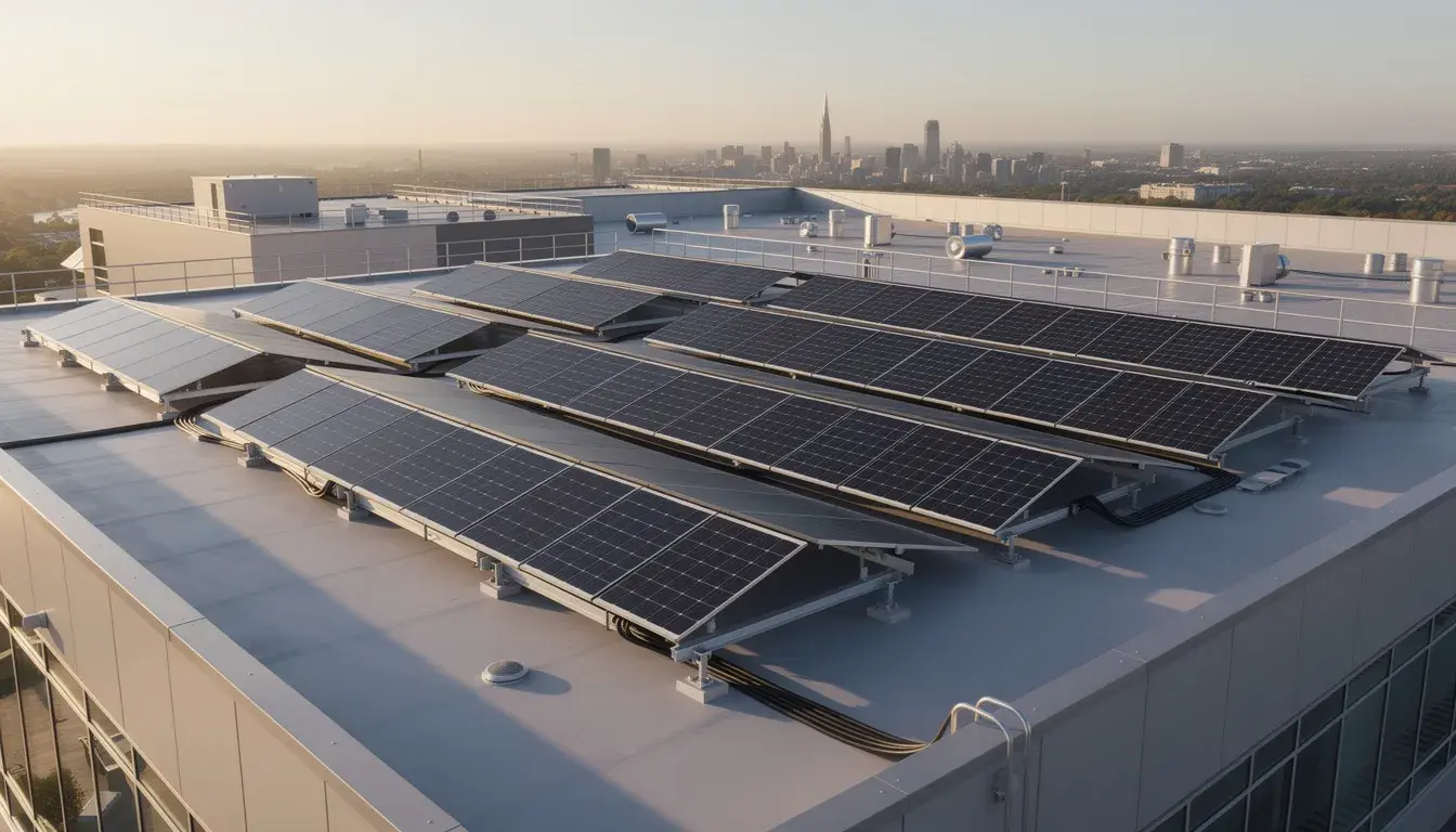 Flachdach-Solaranlage mit aufgest&auml;nderten Solarmodulen.