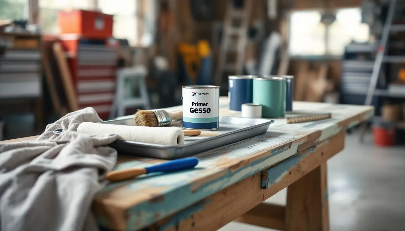 The image shows a DIY cabinet painting setup on a work table, featuring organized brushes, rollers, primer, and paint cans, ideal for homeowners looking to paint kitchen cabinets. The arrangement suggests a well-planned project aimed at transforming existing cabinets with a smooth finish.