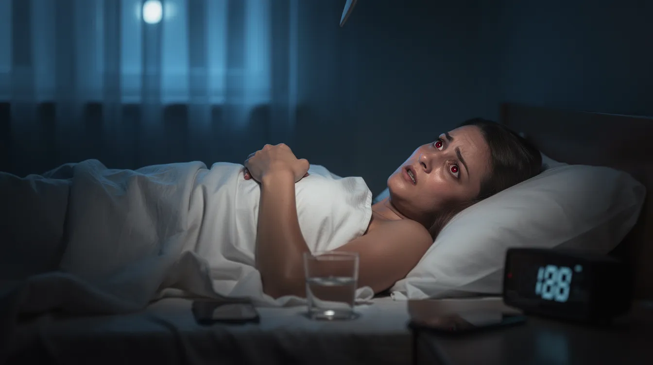 The image depicts a person lying awake in bed at night with an anxious expression, possibly experiencing symptoms of sleep paralysis. Their body is still, suggesting a struggle with falling asleep or an episode of sleep paralysis, which can cause intense fear and temporary paralysis.