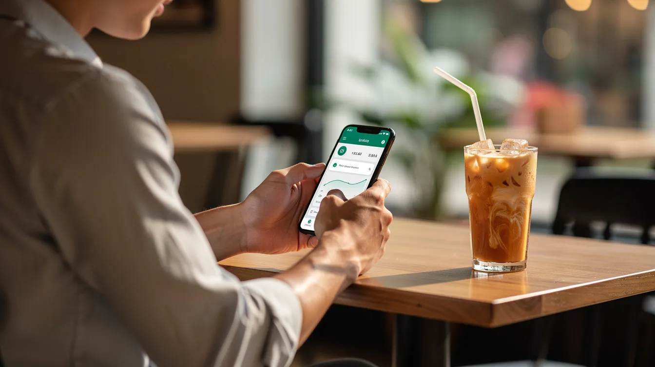 A person is sitting at a cafe table, enjoying a Thai iced tea while using a smartphone banking app, likely managing their bank account with a Thai bank such as Bangkok Bank or Siam Commercial Bank. The scene captures the ease of everyday banking, including bill payments and international transfers, in a relaxed atmosphere.