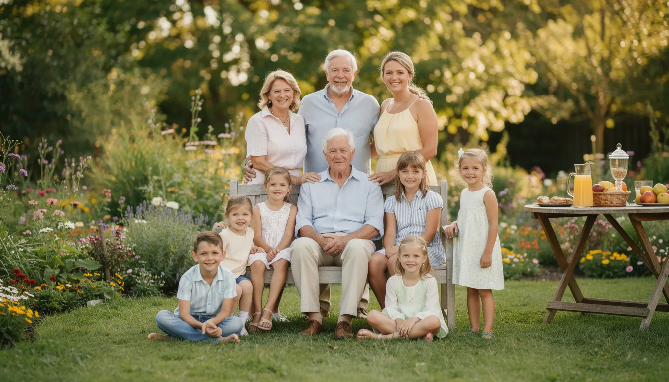 A multi-generational family is gathered together in a lush garden, sharing joyful moments and laughter. This scene emphasizes the importance of family connections and highlights the role of comprehensive financial planning and wealth management in securing a prosperous future for loved ones.