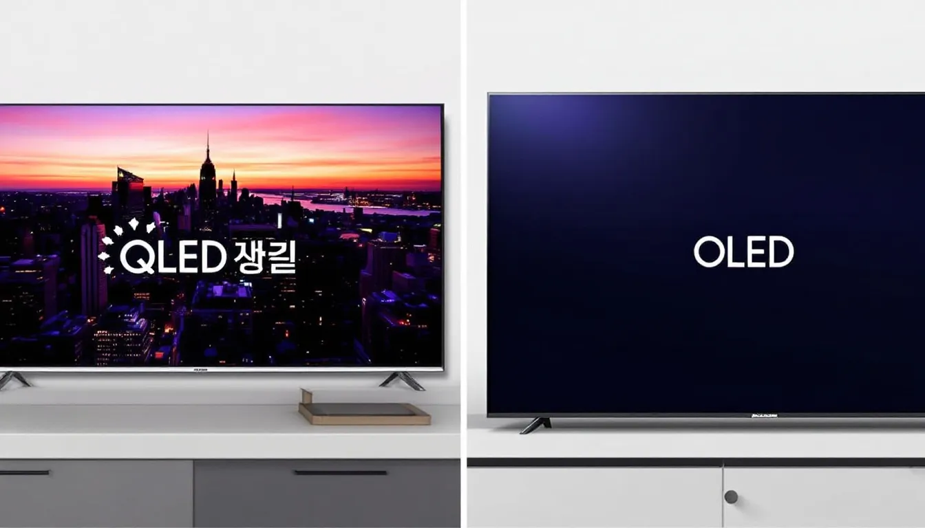 An image comparing QLED vs OLED  showcases two distinct television technologies side by side, highlighting their differences in picture quality. On one side, the vibrant colors and high brightness of QLED TVs, enhanced by quantum dot technology, contrast with the superior contrast and deeper blacks of OLED TVs, which utilize organic light emitting diodes for stunning visuals.