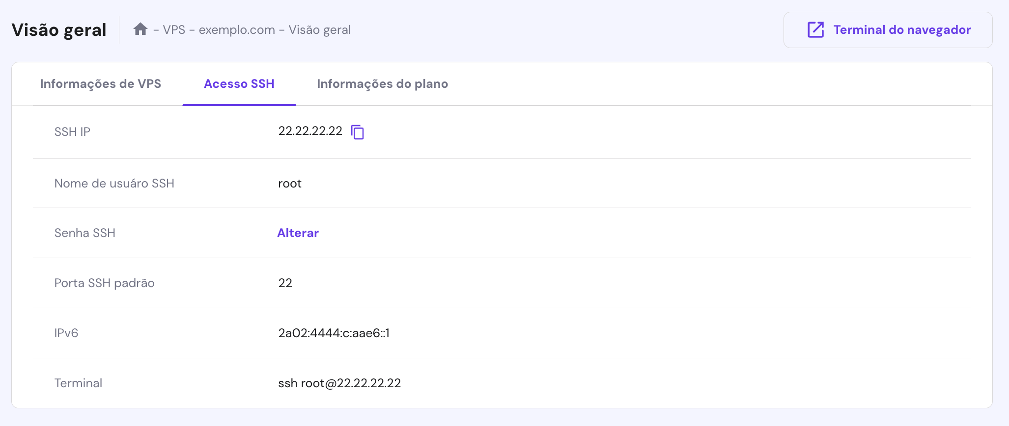 Encontrando credenciais SSH na guia de acesso SSH do painel VPS do hPanel